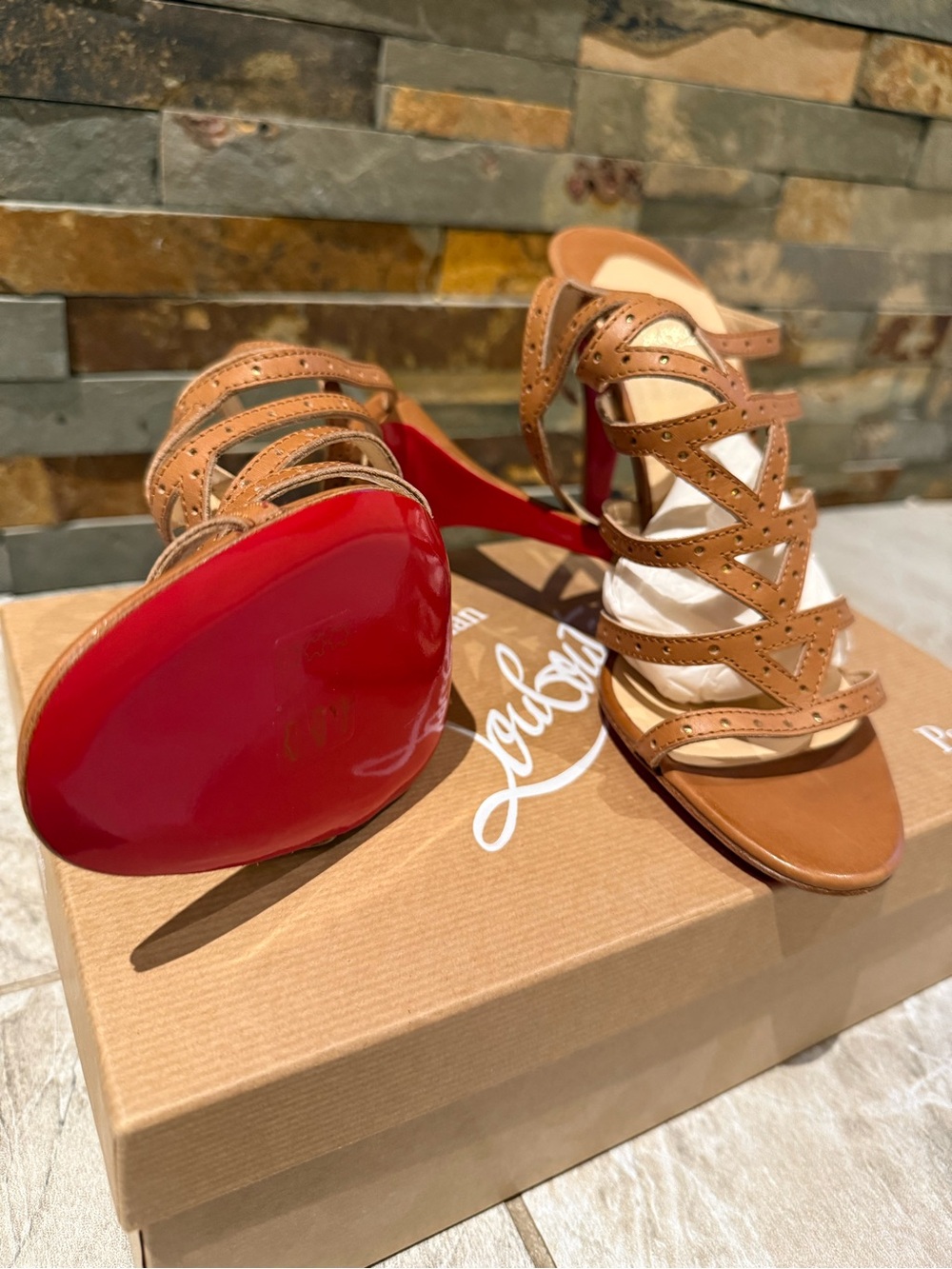 Christian Louboutin Brown Strappy Leather Heels with Signature Red Sole